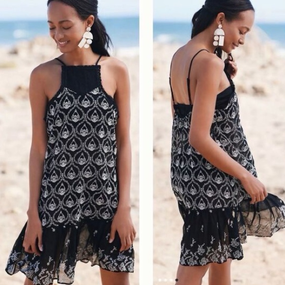 by Anthropologie Women's Sheer Embroidered Mini‎ Dress Noir Small